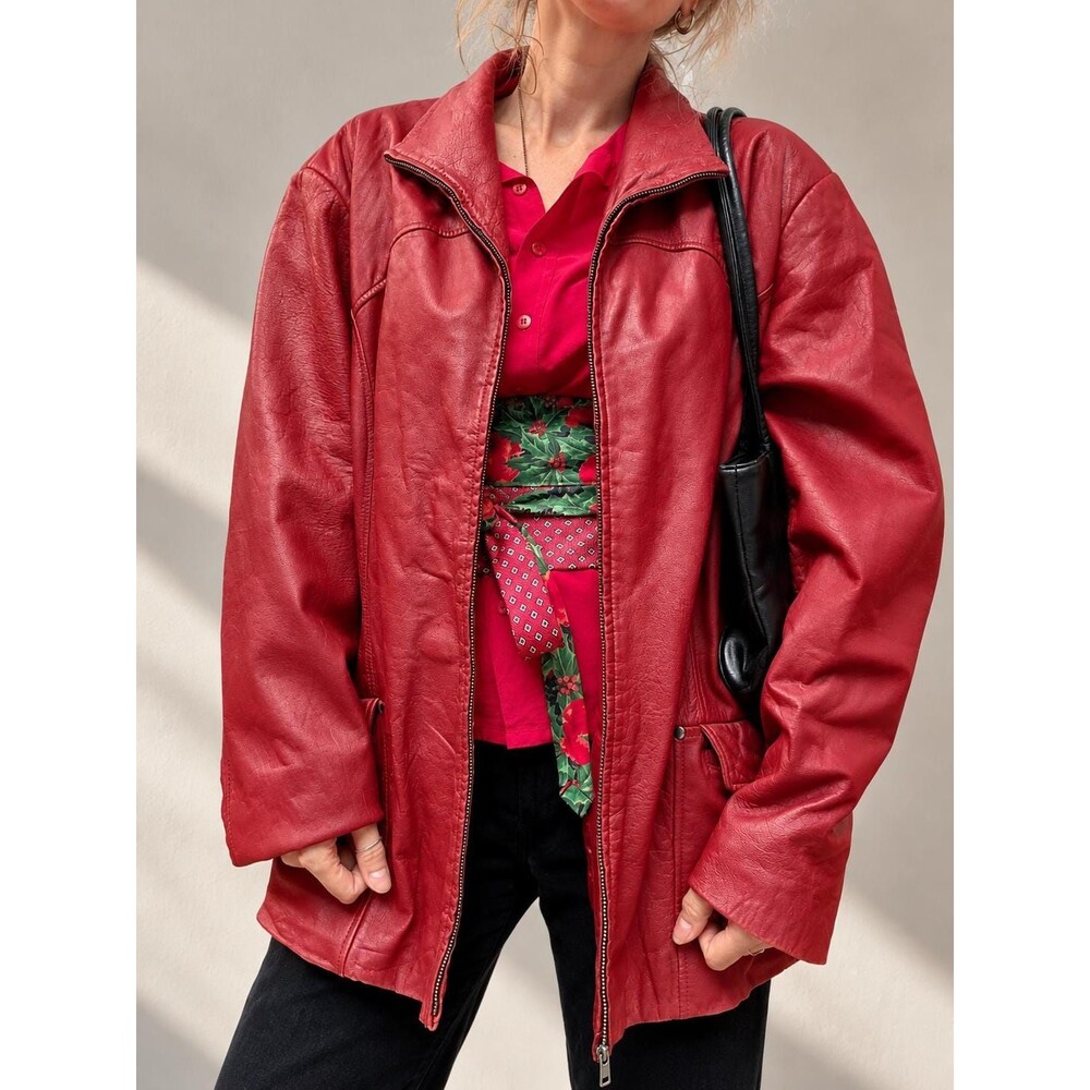 Vintage Red Leather Jacket Plus Size 3X Oversized Zip Coat Pockets Distressed
